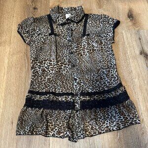 Vintage Y2K Cheetah Leopard Animal Print button down babydoll lace blouse top si